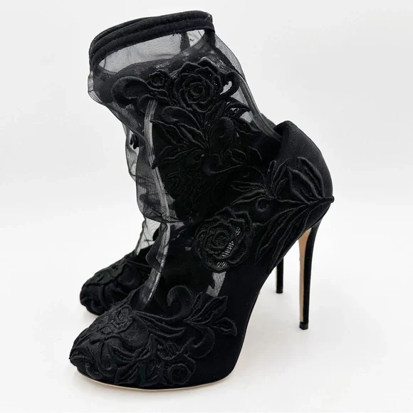 Dolce & Gabbana Embroidered Mesh Stretch-lace Sock Boots In Black - Picture 8 of 14